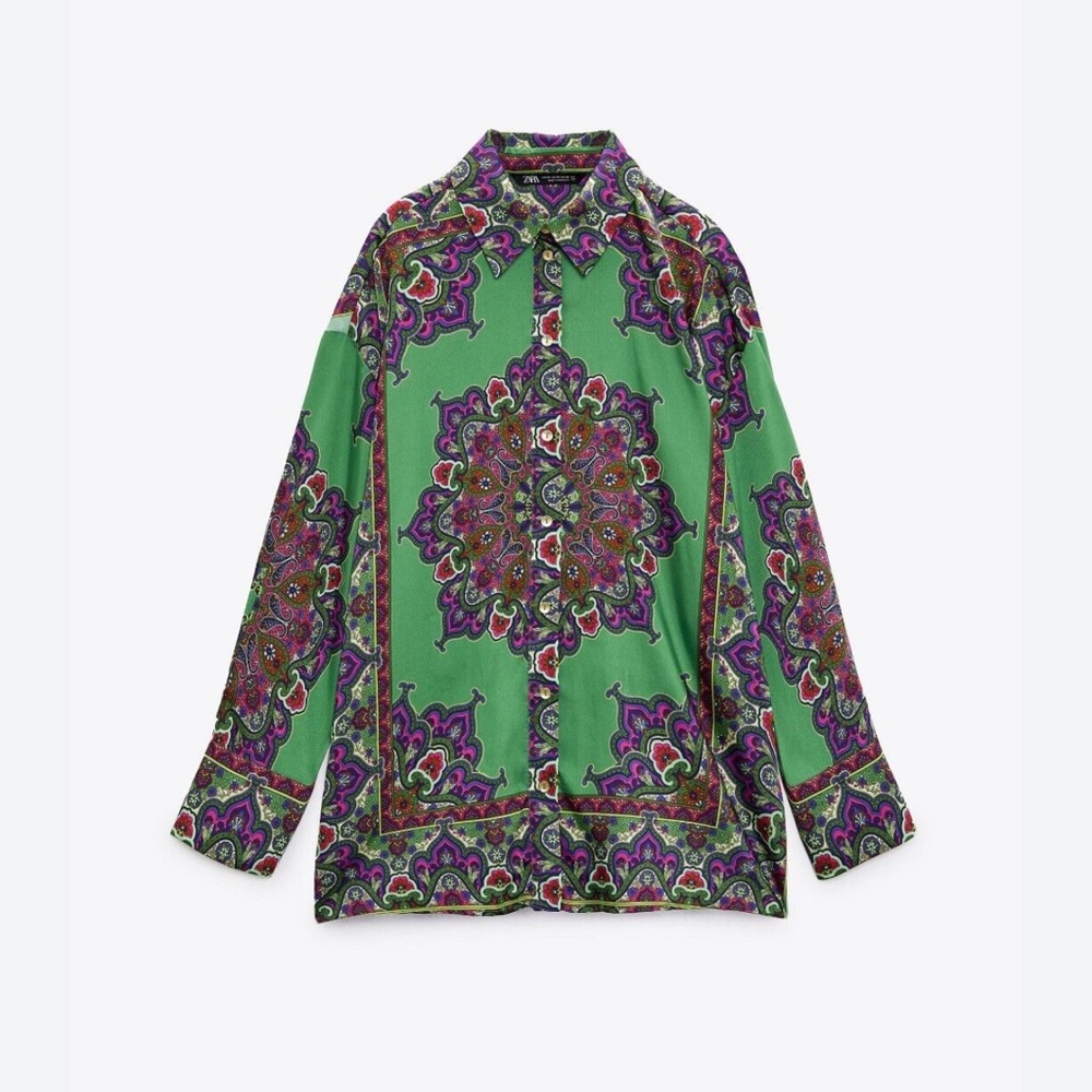 Zara Green Satin Effect Floral Printed Shirt